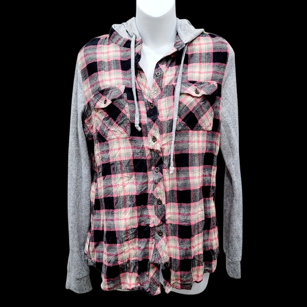 2/$20 Adam Levine Pink & Grey Plaid Buttons Down Top Hoodie Size: Large